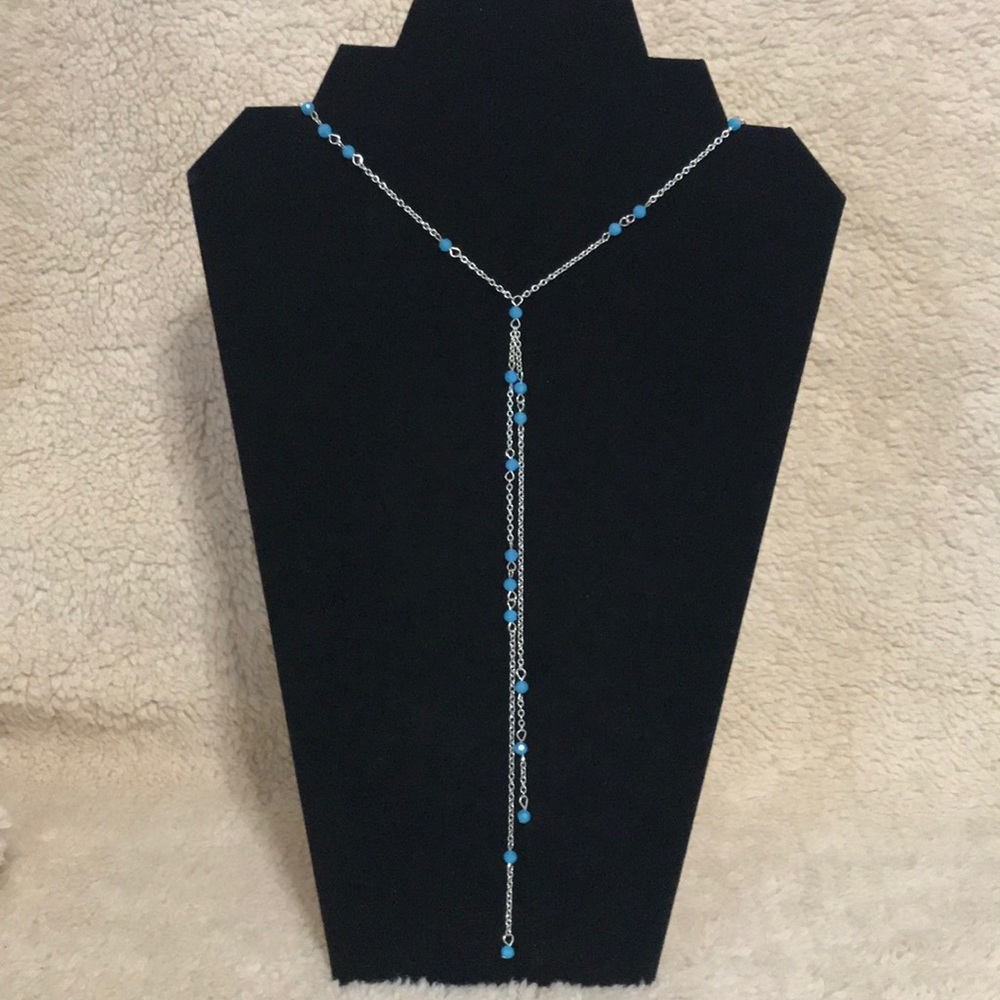 NEW DIRECTIONS ROSARY NECKLACE SILVER TONE BLUE BEADS - Picture 2 of 5